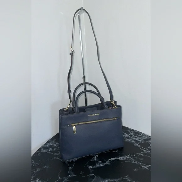 MICHAEL KORS Handbag Crossgrain Leather Navy Large Crossbody Satchel AUTHENTIC - Picture 4 of 12